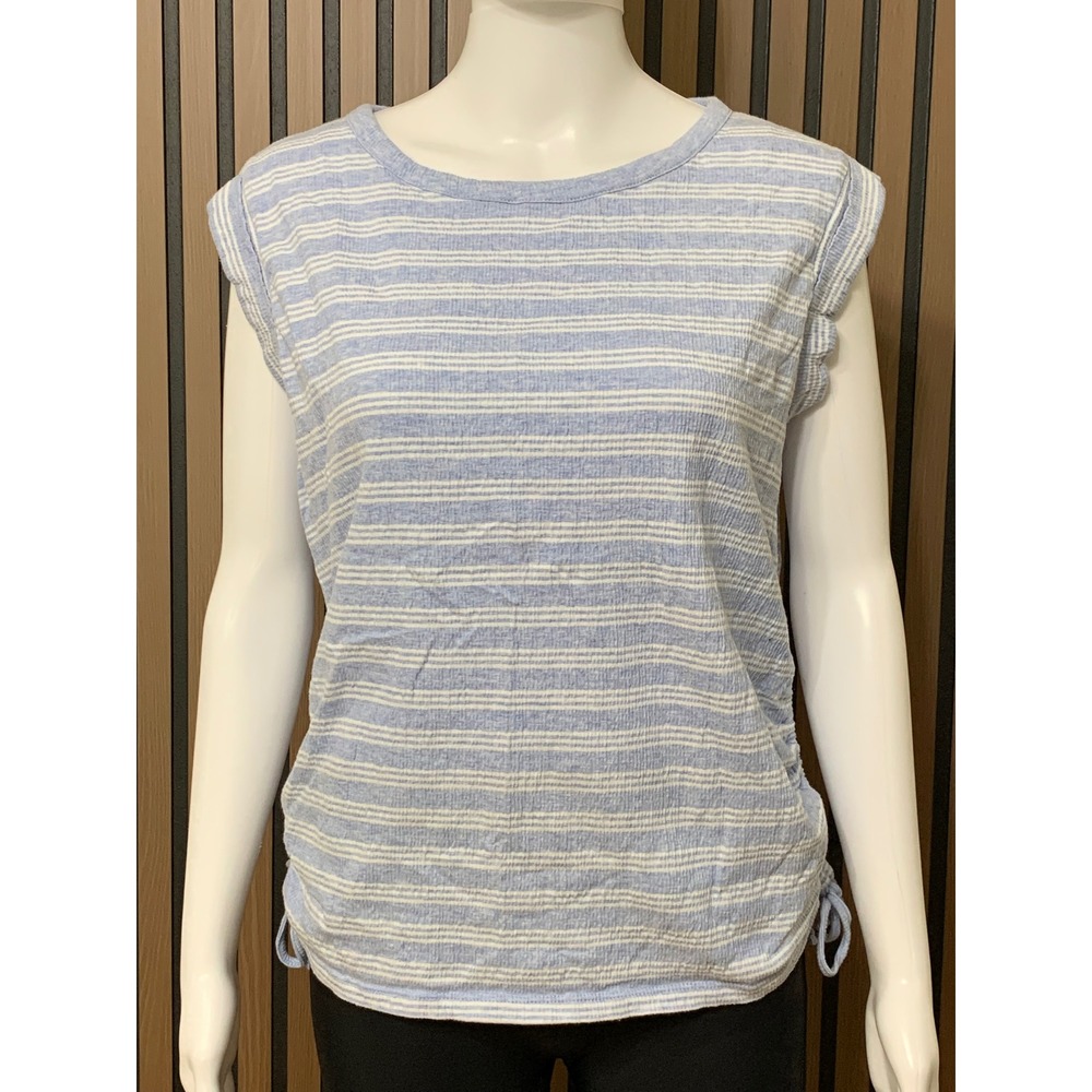 Talbots Women's Blue White Striped Ruched Drawstring Sleeveless Top M Classic